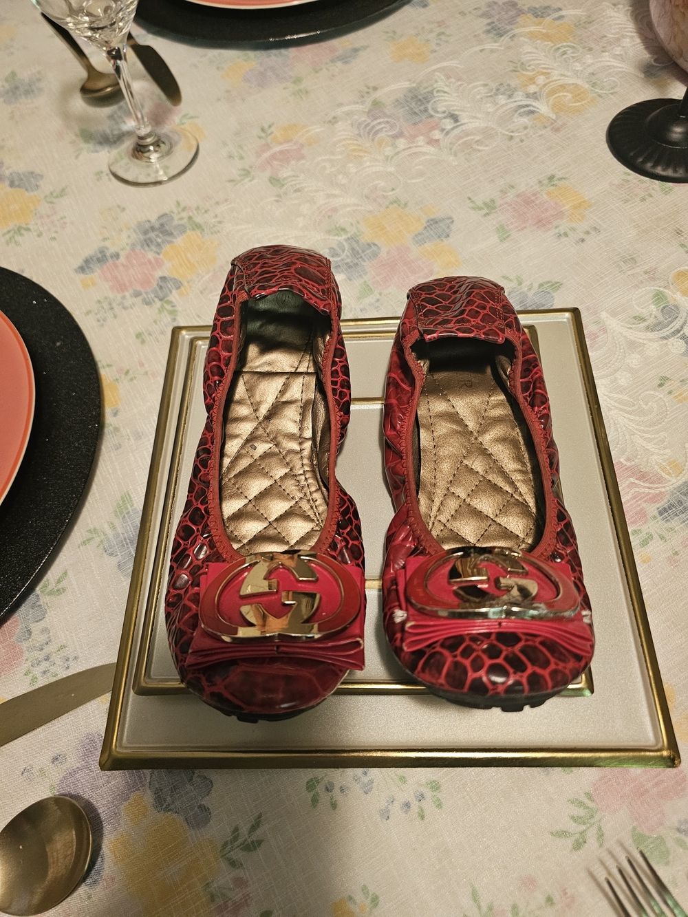 Red Quilted Ballet Flats with Gold Emblem - Women Shoes